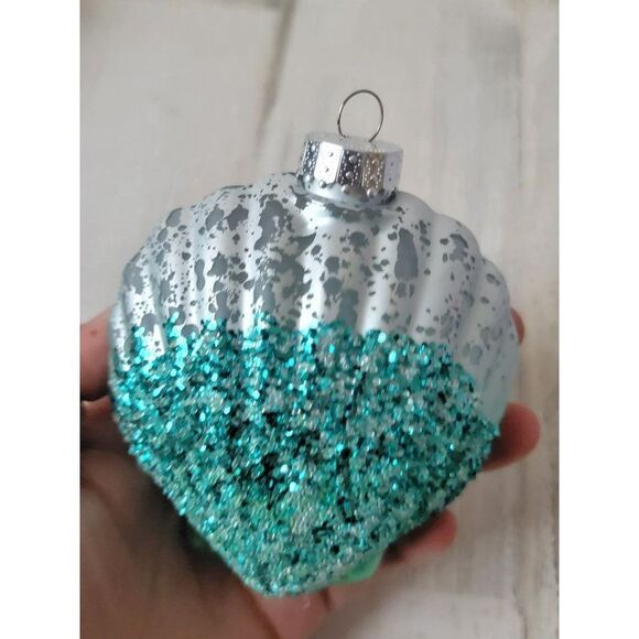 Glitter blown glass blue shell ornament Xmas sea beach - Picture 6 of 8
